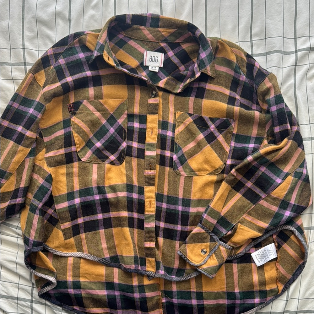 Urban Outfitters Plaid Flannel Shirt - Mustard and Pink